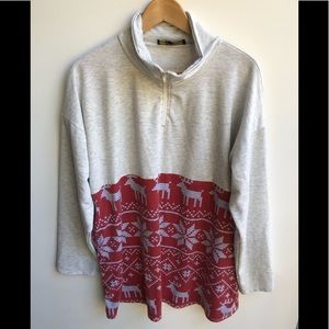 L & B Lucky Blessed Gray Long Sleeve Turtle Neck Geometric Rain Deer Print Large